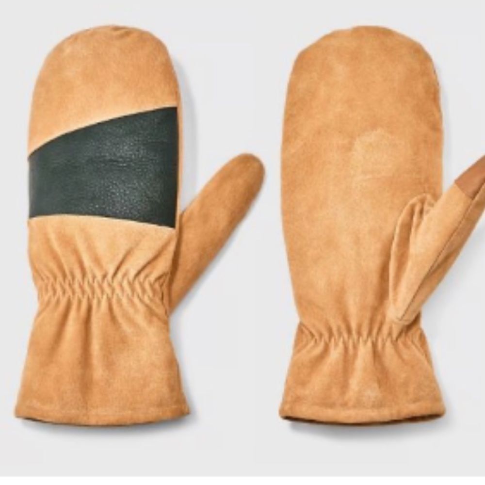 NWT Men's Mixed Leather Dress Pig Suede Mittens - Goodfellow & Co Tan D4